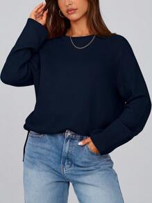 Women's Autumn Knit Sweater Long Sleeve X Casual Pullover Crewneck Slit Hem Loose Sweater