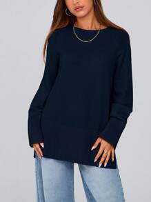 Women's Autumn Knit Sweater Long Sleeve X Casual Pullover Crewneck Slit Hem Loose Sweater