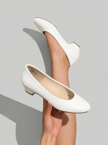Women's Low Chunky Heel Solid Color Pumps Round Toe Comfortable Versatile Work Formal Occasions Shoes - White - View 5