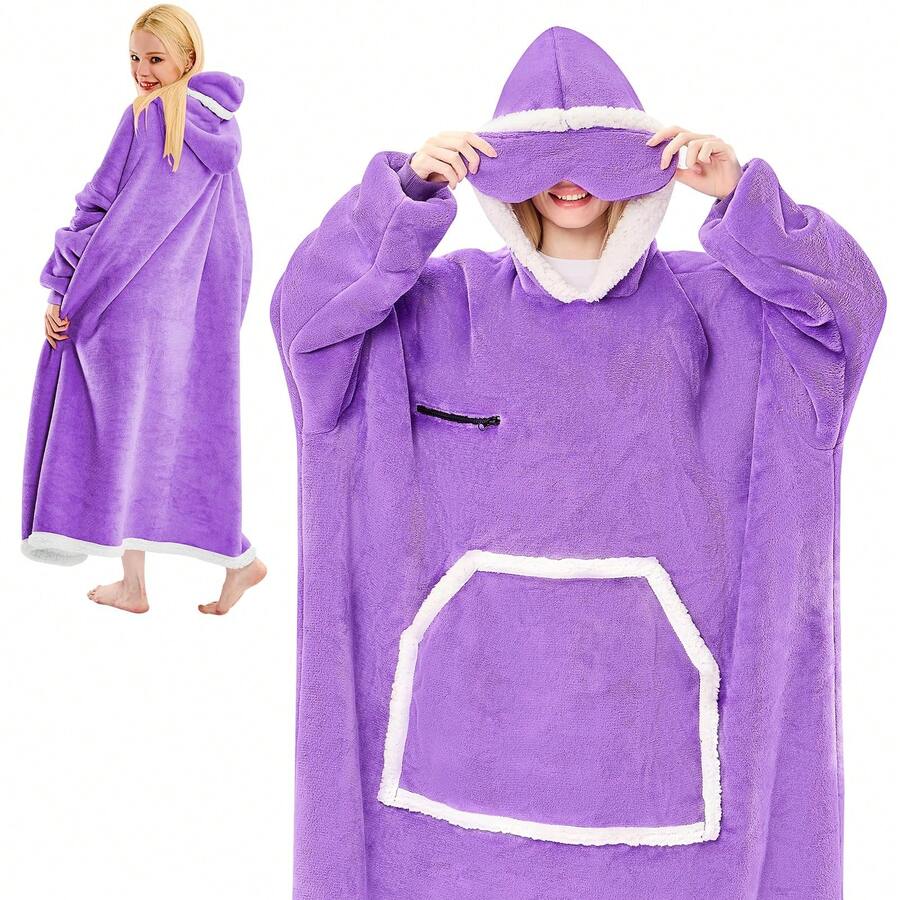 Wearable Blanket Hoodie Oversized Sherpa Fleece Hooded Sweatshirt Blanket With Eye Mask Cozy And Giant Blanket Hoodie With Sleeves Extra Long For Adults Men Women - 紫色 - 查看 1