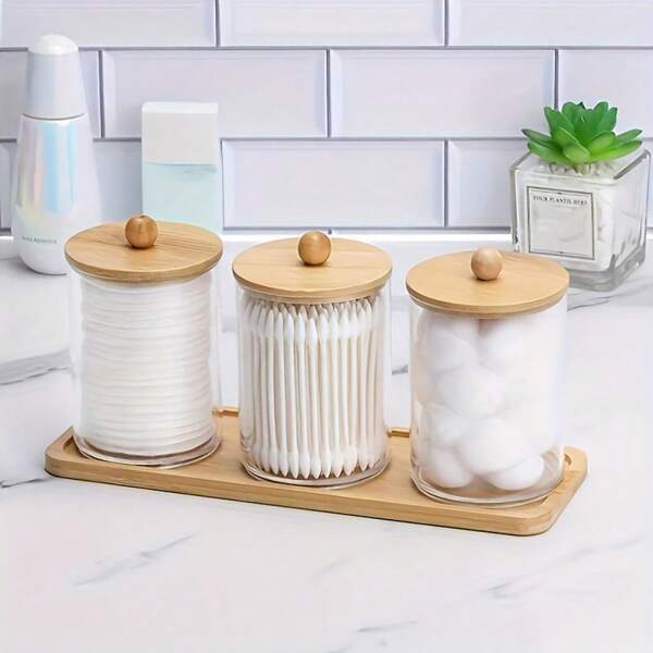 4 Pcs/Set ,3 Swabs/Balls/Pads Holder With 1 Dresser Bamboo Tray, Apothecary Jar With Bamboo Lid, Clear Bathroom Container Dispenser For Storage