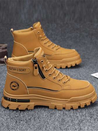 Botas vaqueras alta para hombre, suela gruesa antideslizante y resistente al desgaste, de media pantorrilla con punta redonda, con cordones y cremallera lateral, botines de moda para exteriores y senderismo, tallas hasta la 46, combina con chaqueta