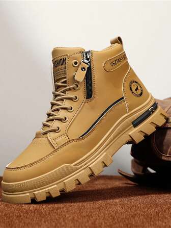 男士高帮皮革牛仔靴，厚底防滑耐磨中筒圆头系带侧拉链踝靴，时尚户外登山靴，最大尺码 46，搭配夹克