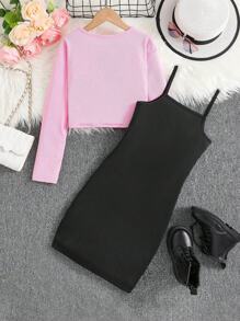 Bộ 2 áo choàng dài tay thiết kế thời trang cho bé gái và váy hai dây, mới cho mùa thu - Hồng - Xem 2