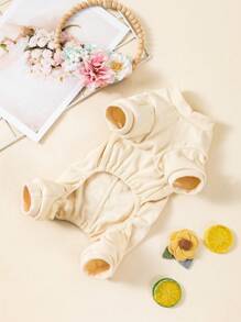 Fleece Jumpsuit Outfit With Bow Lace Decor For Pets, Warm And Comfortable With Stretch - Beige - View 3