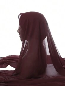 1 套纯色女士新款雪纺褶皱抽绳帽和围巾套装，纯色珍珠雪纺褶皱底帽组合 - 彩色 - 查看 6