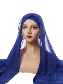 1 套纯色女士新款雪纺褶皱抽绳帽和围巾套装，纯色珍珠雪纺褶皱底帽组合 - 彩色 - 查看 9