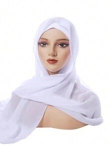 1 套纯色女士新款雪纺褶皱抽绳帽和围巾套装，纯色珍珠雪纺褶皱底帽组合 - 彩色 - 查看 8