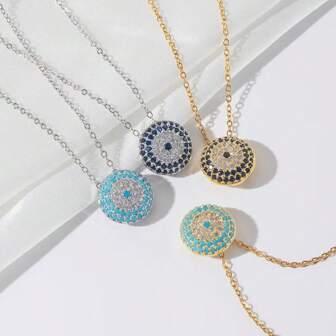 1pc Fashion Charming Style Copper Inlaid Zirconia 18k Gold Electroplated Devil's Eye Pendant Necklace, Suitable For Women's Daily Wear Jewelry, Gift For Friends