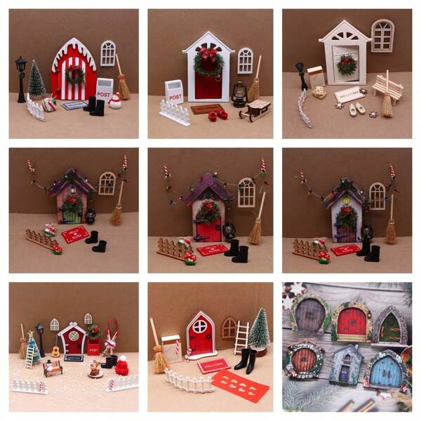 Conjunto de varanda de Natal em miniatura 1:12, vermelho e natural, modelo de simulação de porta de fada em miniatura, decoração de cena de canto de casa, acessório faça você mesmo para cena de bolso, presente colecionável para amadores