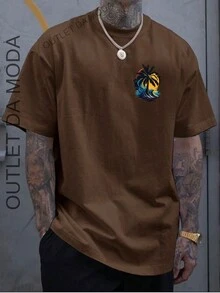 Men's Printed T-Shirt Sea Coconut Color Printed Shirt 100% Cotton Mesh 30.1 - 鏽棕色 - 查看 1
