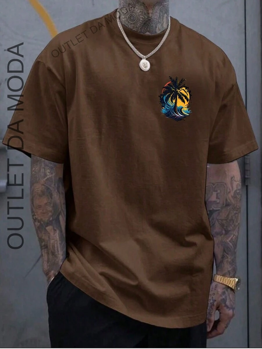 Men's Printed T-Shirt Sea Coconut Color Printed Shirt 100% Cotton Mesh 30.1 - 鏽棕色 - 查看 1