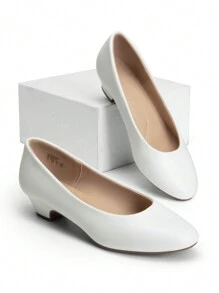 Women's Low Chunky Heel Solid Color Pumps Round Toe Comfortable Versatile Work Formal Occasions Shoes - White - View 3