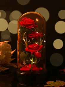 1pc Artificial Flower Forever Rose Decoration With Creative Led String Light Dome Shade,Valentine's Day Gift For Girlfriend, Birthday Wedding Party Home Decor, Valentine's Day, Gift Gifts Graduation,Fake Plants Christmas Decorations Room Decor Christmas