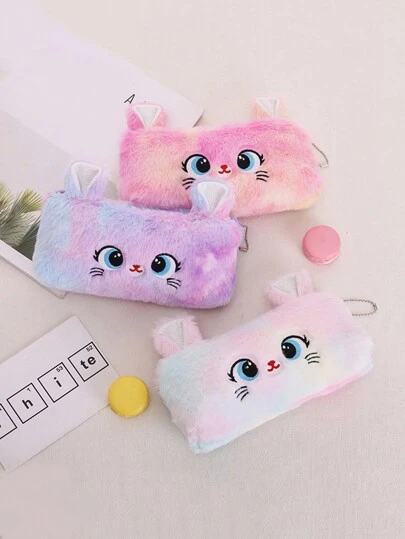 Cartoon Cat Pattern Large Capacity Zipper Pencil Case, Minimalist Design For Students Stationery Pouch Coin Purse