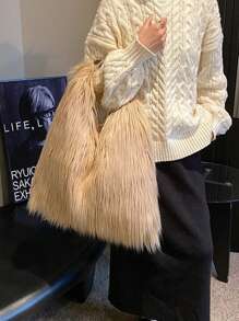 1 件时尚个性化秋冬新品时尚大容量 Y2K 风格纯色毛绒磁吸女士便携式手提包适合度假、参加时尚活动和外出休闲购物 - 彩色 - 查看 8