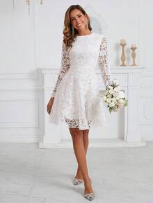 Bridal Shower Dress Wedding Embroidered Lace Long Sleeve Short Wedding Dress,Bride