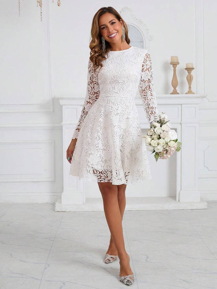 white lace dresses for bridal shower Cravure Plus Size Women V-Neck Long Sleeve Elegant Hollow Out White Lace  Dress,Summer Bridal Shower Wedding Curve White Dress Fall