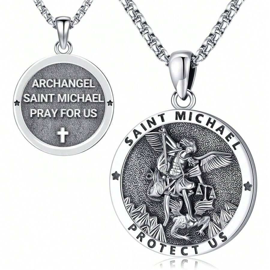 Eusense St Michael Archangel Pendant Saint Michael Necklace For Men Women Medalla De San Miguel Arcangel 925 Sterling Silver Round St Michael Medal Arch Angels Michael Metal Handmade 24 Inch Chain - Silver - View 1