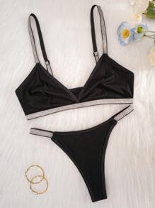 1set Women Ribbed Comfortable Soft Fabric Brassiere & Bikini Swimwear Set Two Pieces Set Women 2 Pieces Set - Black - View 6