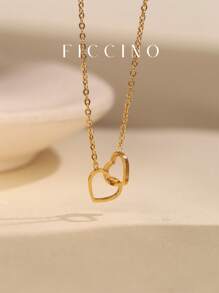 FICCINO FICCINO Titanium Steel Gold-Plated Double Heart Wrap Pendant Necklace, O-Shape Daily Versatile Choker Necklace, Valentines/Anniversary Gift With Gift Box Valentines,Mom,Mother,Mother's Day,Gift
