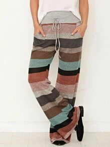 Boho Retro 90's Style Stripe Floral Drawstring Fold Over Band Wide Leg Lounge Pants - Mint Blue - View 5