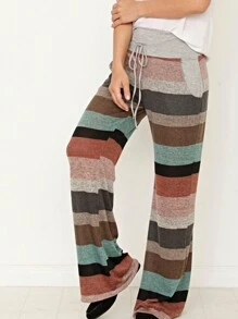 Boho Retro 90's Style Stripe Floral Drawstring Fold Over Band Wide Leg Lounge Pants - Mint Blue - View 1