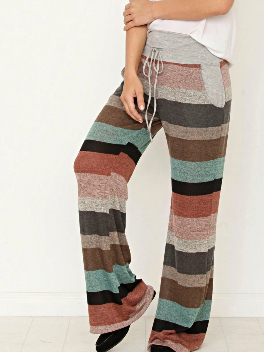 Boho Retro 90's Style Stripe Floral Drawstring Fold Over Band Wide Leg Lounge Pants - Mint Blue - View 1