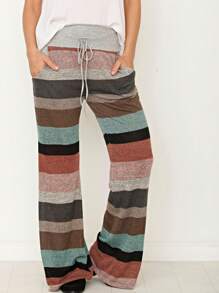 Boho Retro 90's Style Stripe Floral Drawstring Fold Over Band Wide Leg Lounge Pants - Mint Blue - View 4