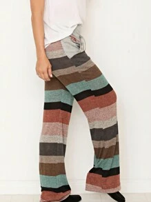 Boho Retro 90's Style Stripe Floral Drawstring Fold Over Band Wide Leg Lounge Pants - Mint Blue - View 6