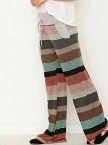 Boho Retro 90's Style Stripe Floral Drawstring Fold Over Band Wide Leg Lounge Pants - Mint Blue - View 2
