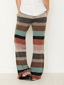 Boho Retro 90's Style Stripe Floral Drawstring Fold Over Band Wide Leg Lounge Pants - Mint Blue - View 3