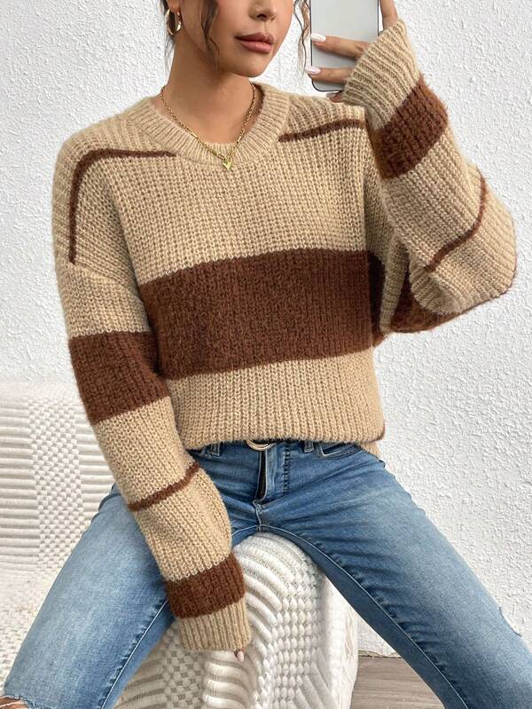 Women Casual V-Neck Drop Shoulder Long Sleeve Color Block Sweater, Autumn/Winter
