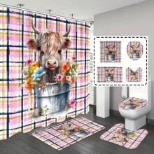 1pc/4pcs Bathroom Curtains Shower, Bathroom Set, Shower Curtain Set, Shower Curtains, Bathroom Decor, Bathroom Rug, Bath Mat, Bathroom Mat, Striped Plaid And Cute Highland Cow Pattern Shower Curtain Set, Classic Minimalist Luxury Bathroom Set, Four Seasons Bathroom Decor Set With 12 Hooks Included - Multicolor - View 1
