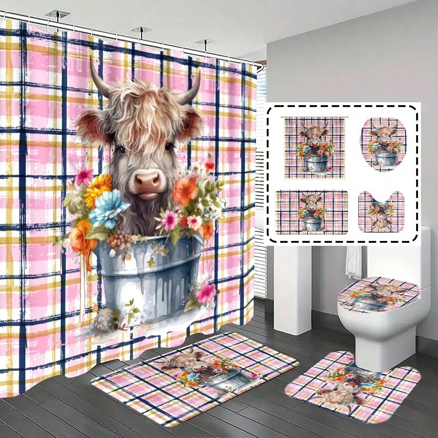 1pc/4pcs Bathroom Curtains Shower, Bathroom Set, Shower Curtain Set, Shower Curtains, Bathroom Decor, Bathroom Rug, Bath Mat, Bathroom Mat, Striped Plaid And Cute Highland Cow Pattern Shower Curtain Set, Classic Minimalist Luxury Bathroom Set, Four Seasons Bathroom Decor Set With 12 Hooks Included - Multicolor - View 1