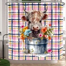 1pc/4pcs Bathroom Curtains Shower, Bathroom Set, Shower Curtain Set, Shower Curtains, Bathroom Decor, Bathroom Rug, Bath Mat, Bathroom Mat, Striped Plaid And Cute Highland Cow Pattern Shower Curtain Set, Classic Minimalist Luxury Bathroom Set, Four Seasons Bathroom Decor Set With 12 Hooks Included - Multicolor - View 3