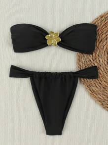 New Sexy Elegant Solid Black Strapless Bikini Swimsuit For Women, Suitable For Beach, Holiday, Party, Date, Spring/Summer - Black - View 1