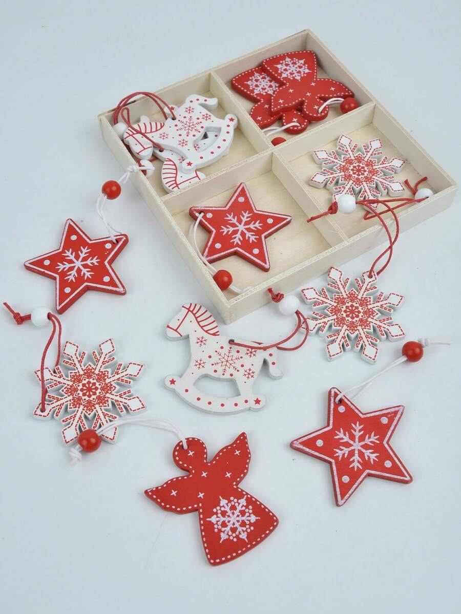 12 件圣诞装饰木制迷你雪花五角星挂饰圣诞树客厅卧室家居装饰 - 聖誕木牌掛件 - 查看 1