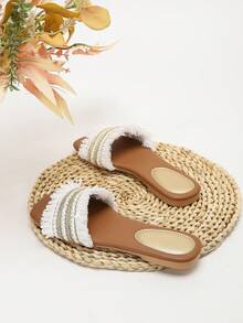 Dép xỏ ngón hở mũi dệt thời trang cổ điển dành cho nữ, dép bệt dệt màu trắng thanh lịch thoải mái cho kỳ nghỉ thường ngày, phối màu Xuân/Thu - trắng - Xem 3