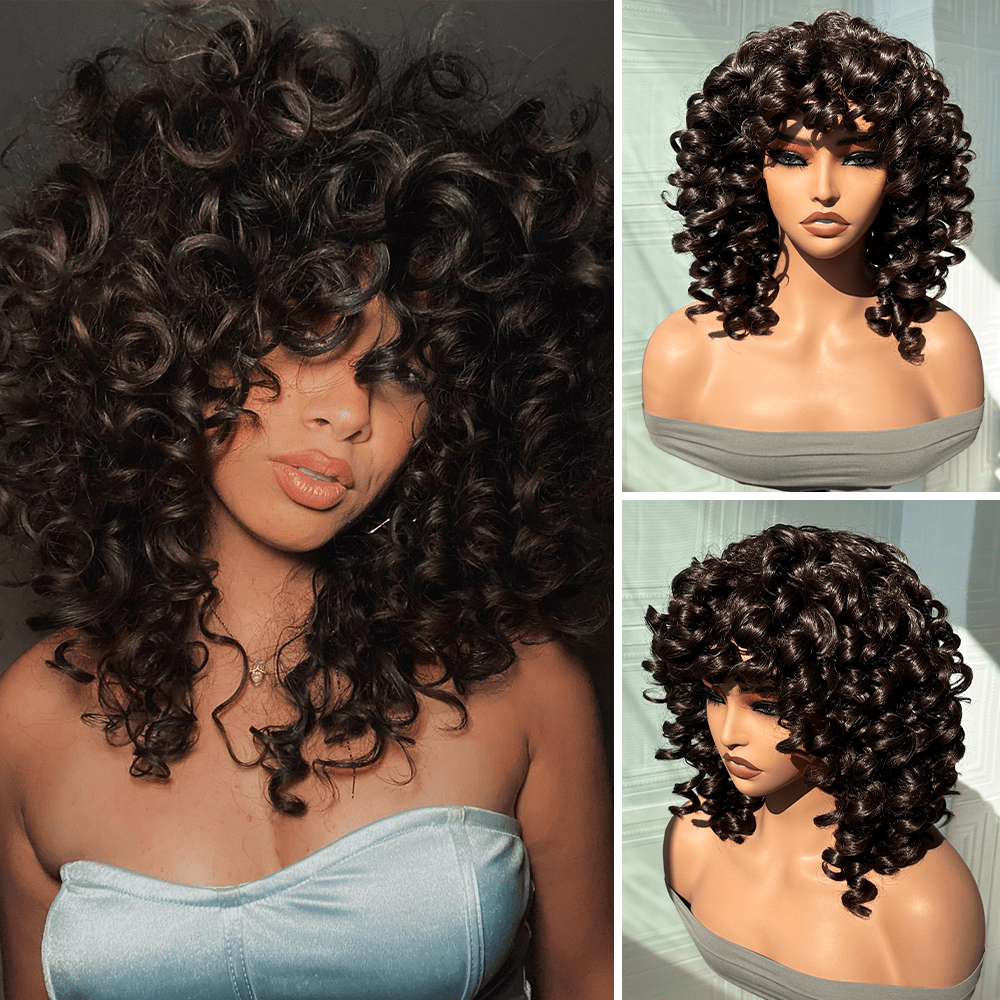 Dark Brown Wig 14 Inch Curly Wigs Short Curly Wig With Bangs Heat Resistant Synthetic Fiber Hair Cosplay Wigs