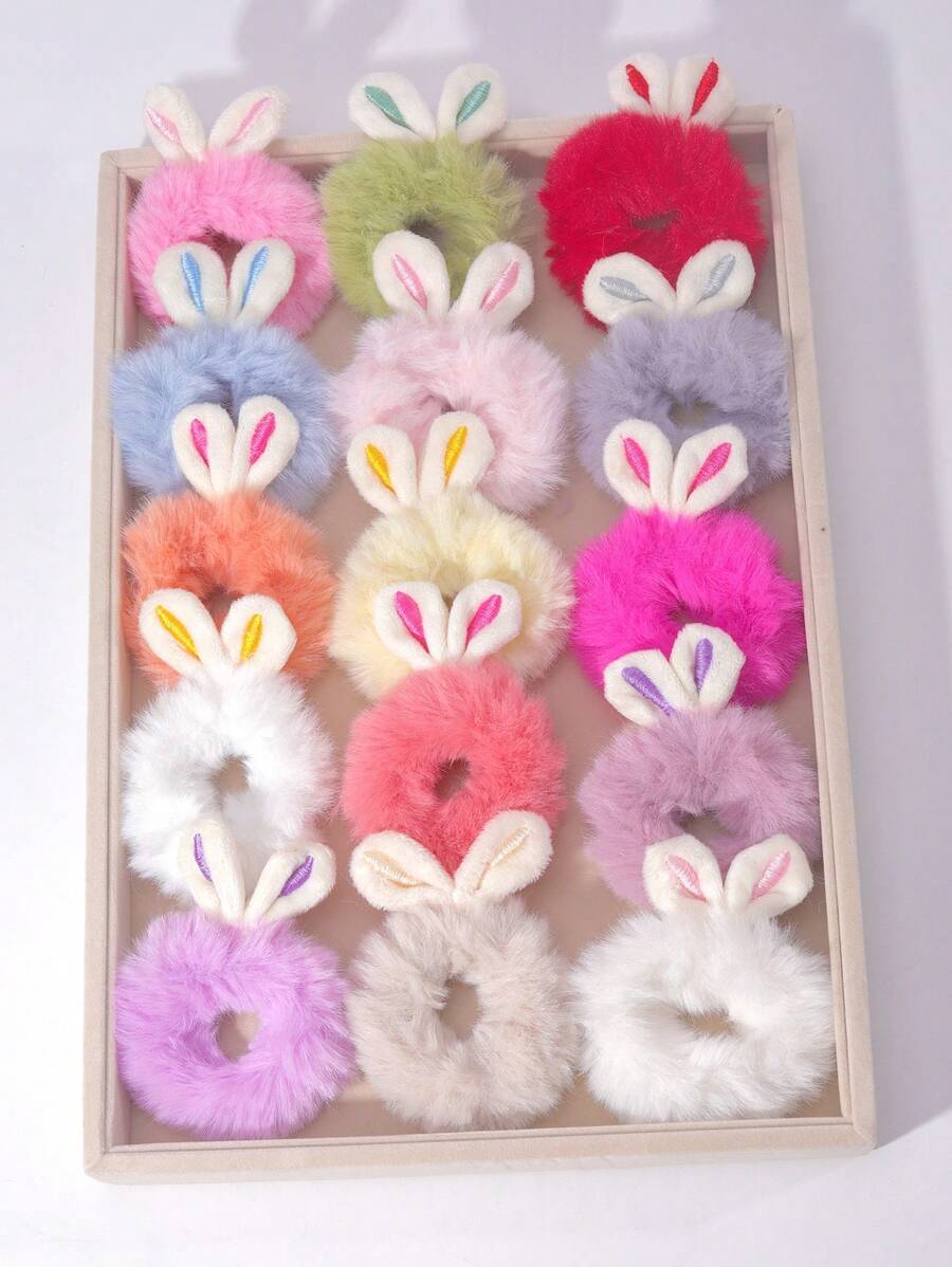 10 piezas Elásticos para el pelo en forma de orejas de conejo de peluche, color aleatorio - Multicolor - Ver 1