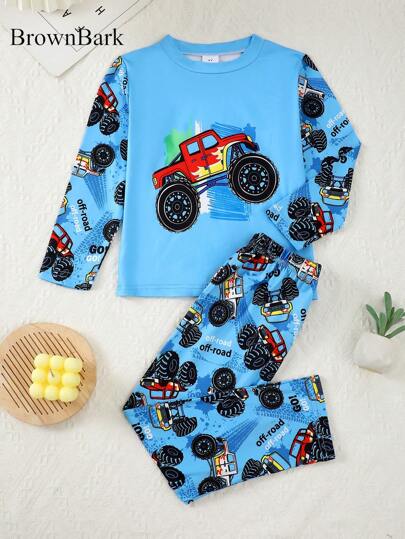 BrownBark 2pcs Young Boys' Cool Off-Road Car Graphic Round Neck Long Sleeve T-Shirt + Casual Pants Set, Comfortable Casual Boys Children Clothing, Suitable For Daily Wear, Great As Daily Gift