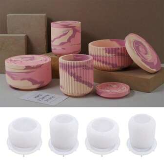 带盖蜡烛杯硅胶模具手工制作独特混凝土粘土花盆模具圆形水泥石膏储物罐模具