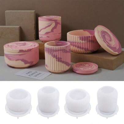 قالب سيليكون لصنع أكواب الشموع مع غطاء،قوالب فريدة من الخرسانة والطين لصنع أصيص الزهور اليدوية، قوالب جرة تخزين الأسمنت المجصص المستدير