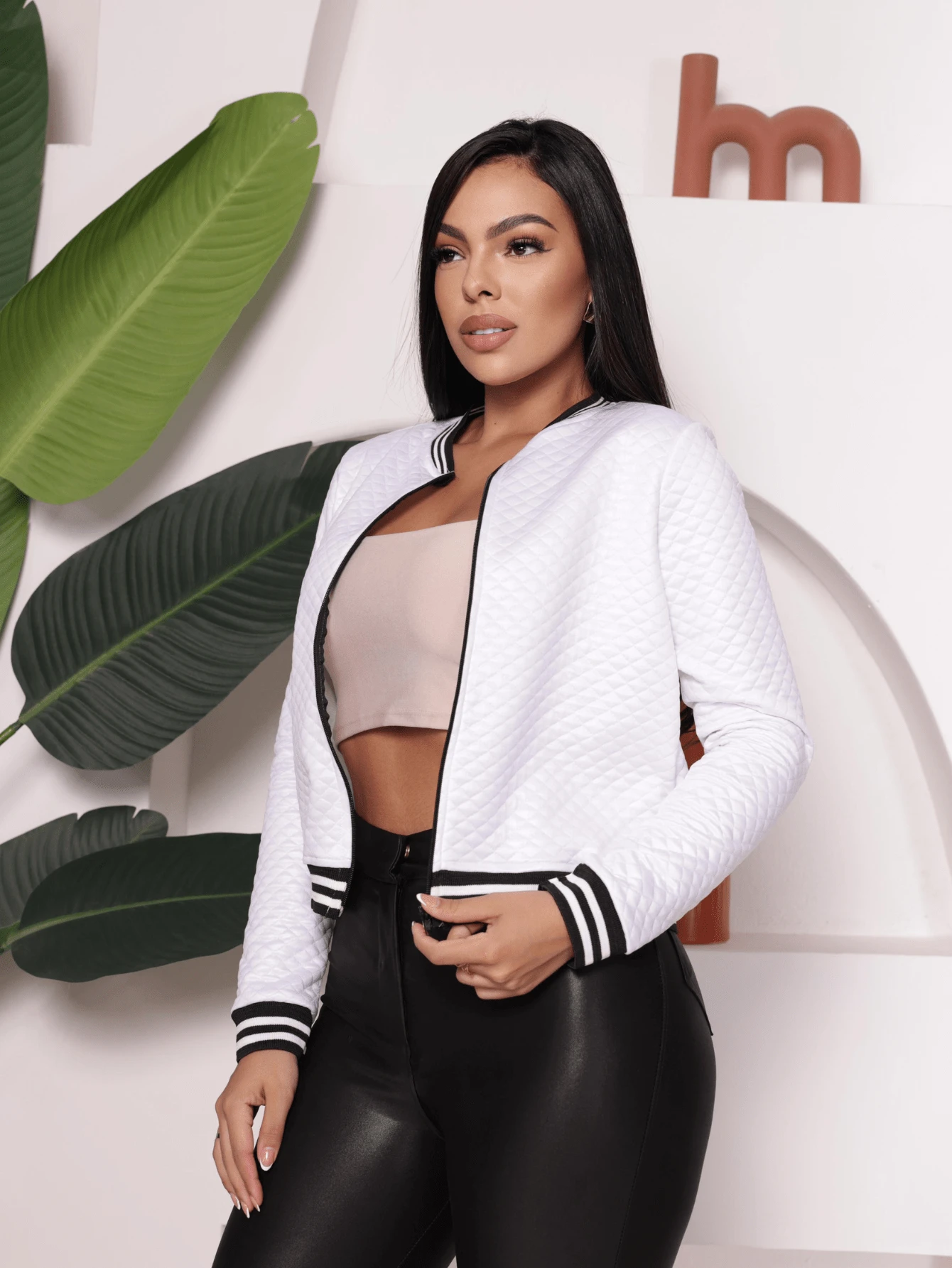 Jaqueta casaquinho feminino bomber elegante com ziper manga longa moda outono e inverno - Branco - Visão 1