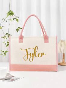 Bolsa de lona personalizada con texto personalizado, bolsa de compras de gran capacidad impermeable y de moda para mujer, bolsa de playa de lona con empalme, bolsa de compras de hombro, bolsa de almacenamiento, regalo, bolso de lona para mujer de gran capacidad, bolsa de viaje - Multicolor - Ver 12