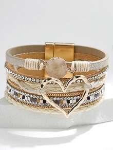 Fesciory 女士豹纹手链，波西米亚风皮革缠绕多层珍珠水晶手链手镯首饰 - 彩色 - 查看 7