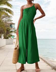 Mono informal de mujer con tirantes, un hombro, cintura alta y pierna ancha - Verde - Ver 3