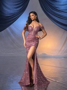 QOQ 甜心女神 莲藕粉色单肩高开叉亮片礼服 适合舞会、生日派对、晚会 - 藕粉色 - 查看 1