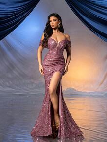 QOQ 甜心女神 莲藕粉色单肩高开叉亮片礼服 适合舞会、生日派对、晚会 - 藕粉色 - 查看 5